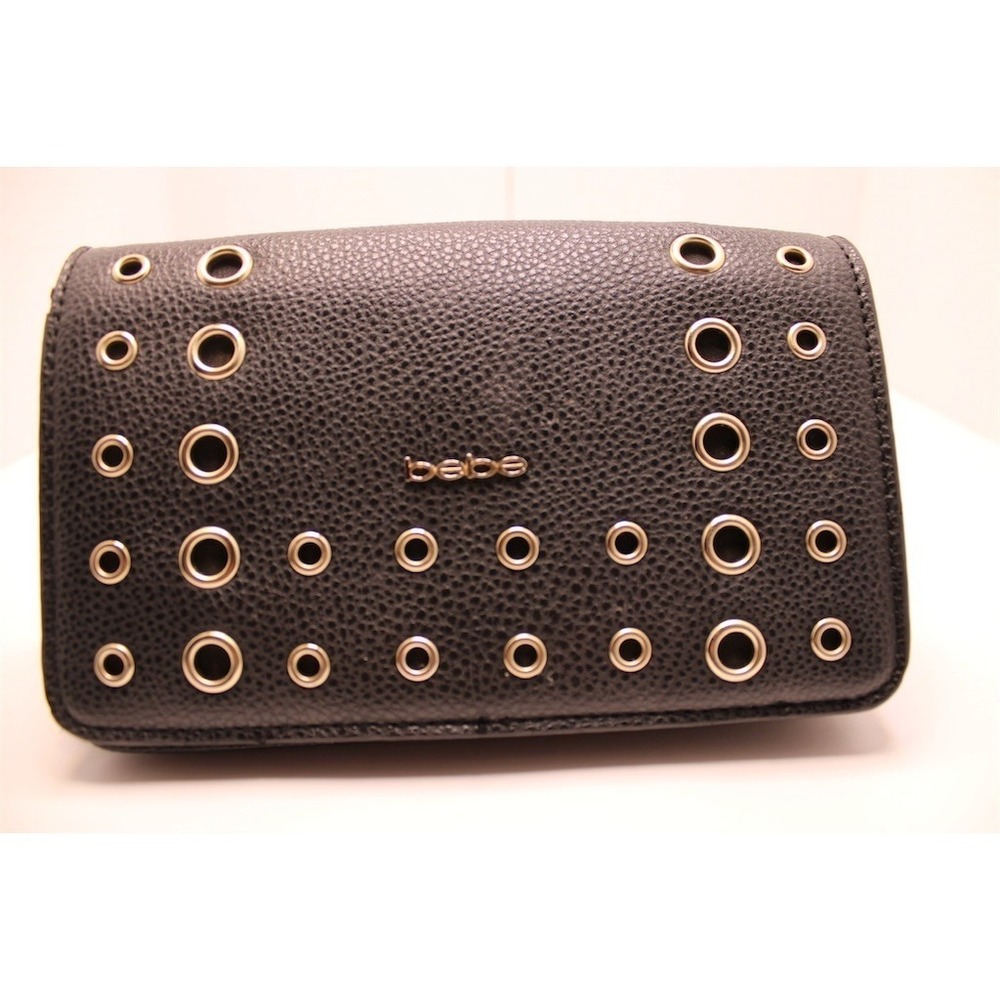 bebe Womens Mini Crossbody Clutch Black Grommet Studded Wallet-on-Chain